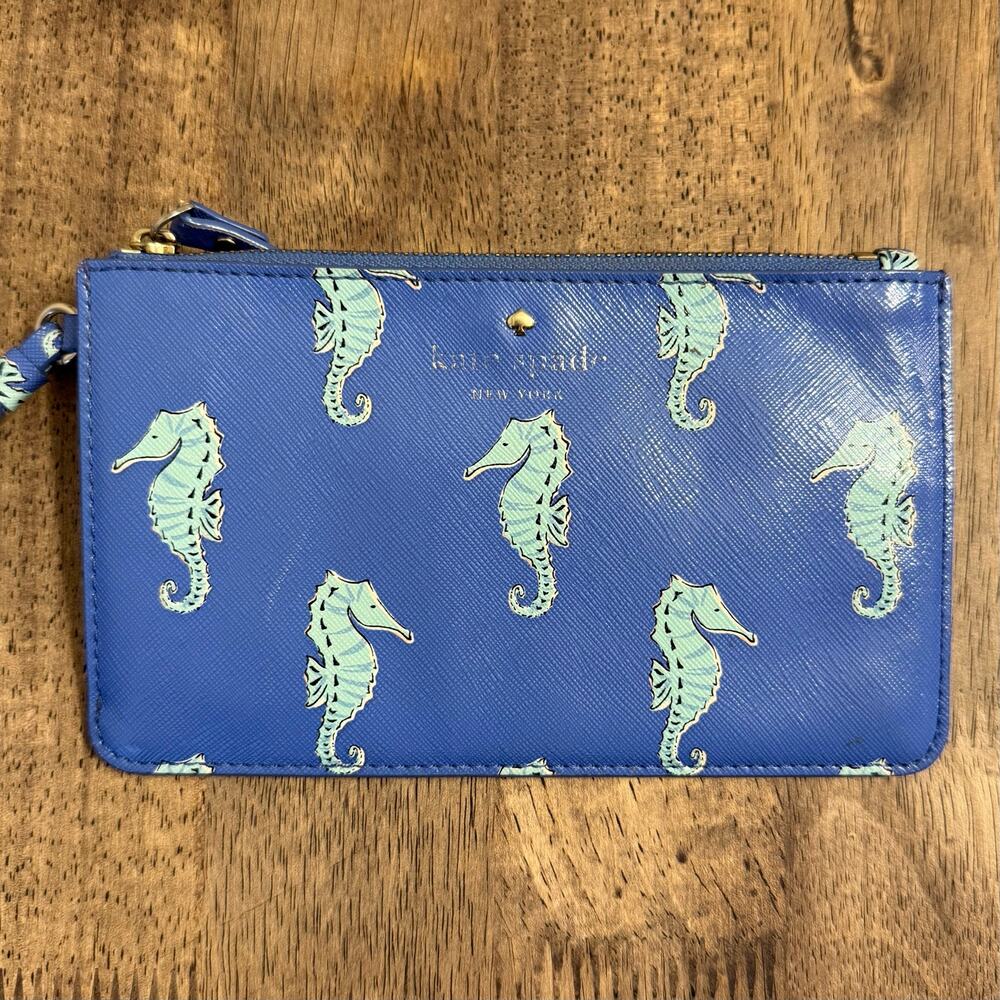Kate Spade New York Seahorse Wristlet Leather Zippered Closure Lined Blue Gold - Picture 3 of 11